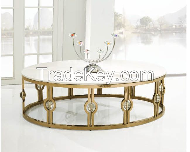 Coffee table &gt; Oval gilded gold stainless steel frame with marble surface coffee table