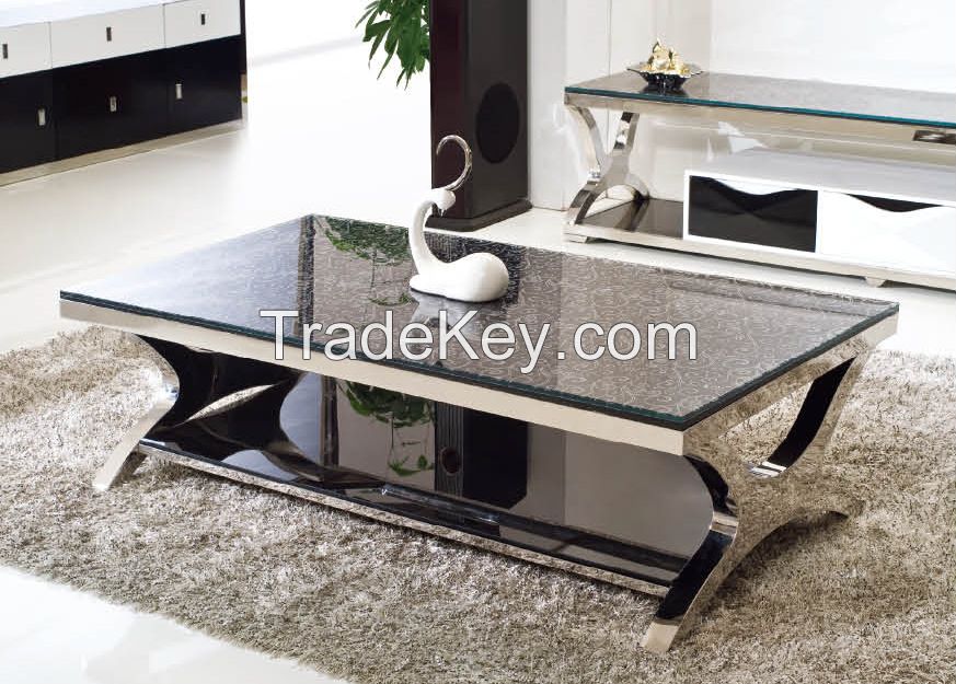 Rectangle Reinforced glass stainless steel frame coffee table 