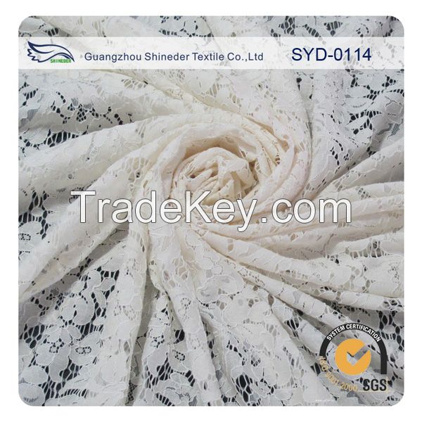 White floral cord lace fabric with eyelash for wedding dress SYD-0114