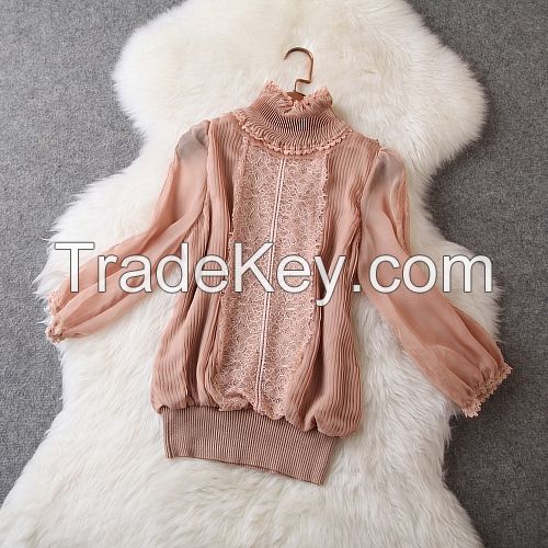 Women Shirts 2014 New Winter Woolen coat Heavy Creased lace hot drilling Woolen Tops 