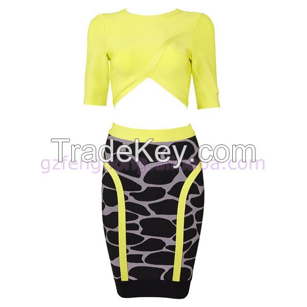 Sexy yellow two piece prom dress short front long back girl evening dress 2014