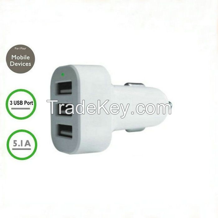 Triple USB Ports Car Charger with 5.1A Output, 2.1A Max Output for Single USB Port, Blue LED Indicator, ABS+PC