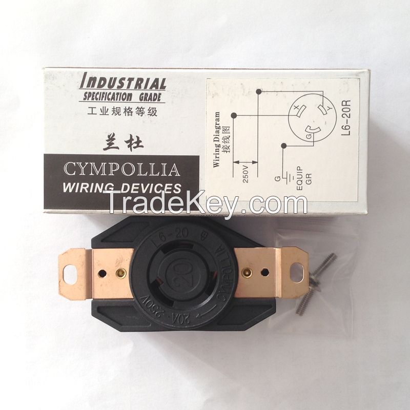 Twist-Lock Generator Receptacle, 2 Pole 3 Wire, 20 AMP, 250 Volt, Locking Receptacle NEMA L6-20r Pk Hubbell HBL2320