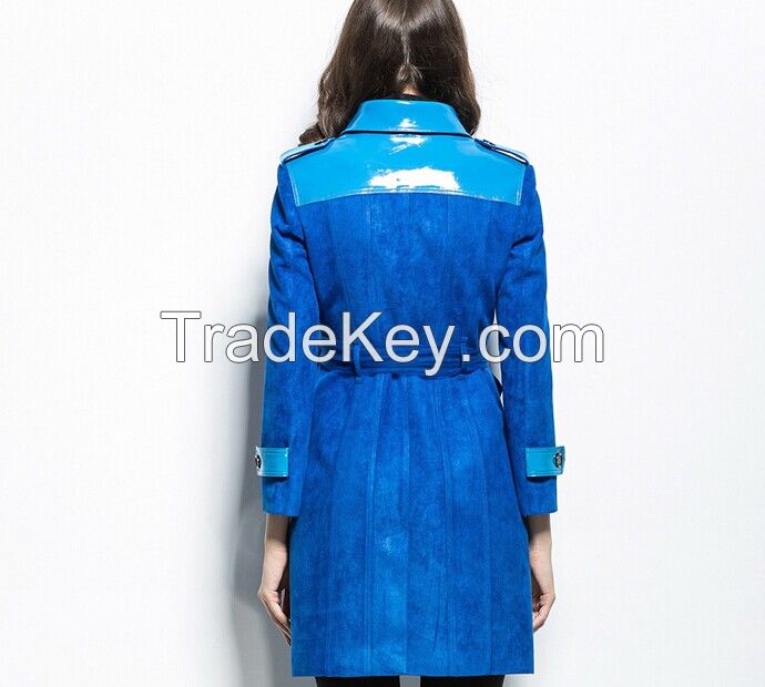 Blue Sueded patent leather Maxi overcoat new spring fashion/Casual women's Trench Coat long Outerwear loose clothes for lady