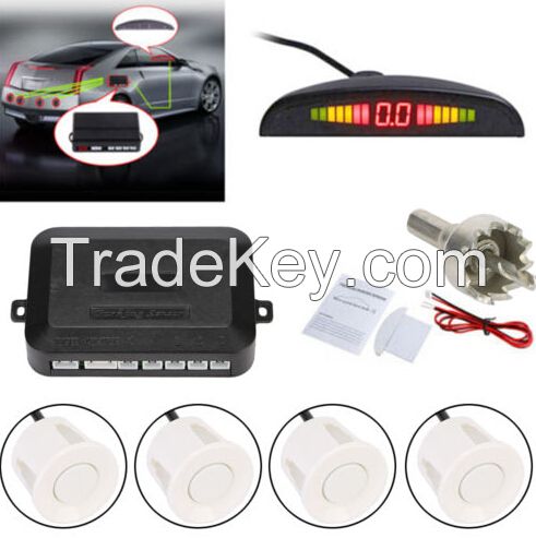 4 Parking Sensors White Auto Car LED Display Reverse Backup Radar System Kit