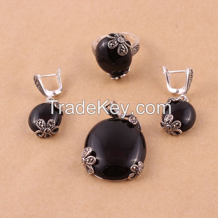 Elegant natural black agate african wedding jewelry set ,silver jewelry set 925 ( 0690T3)