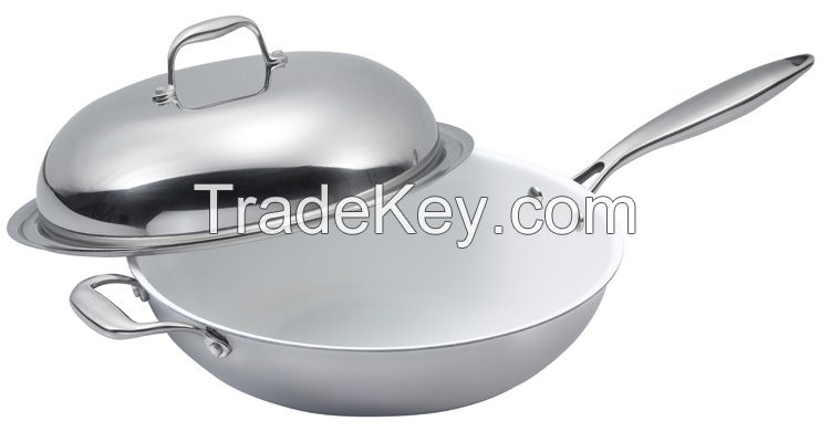 Cookplus Preminum Stainless Steel Wok with Lid and Long Handle