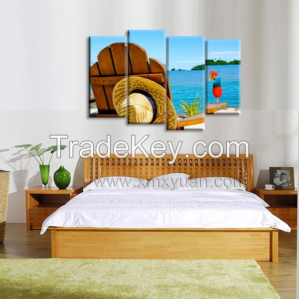 Stretched Canvas Art, Leisure Beach Seascape Wall Pictures, Chair with cocktail, 4 panels a set , Wall Display Use