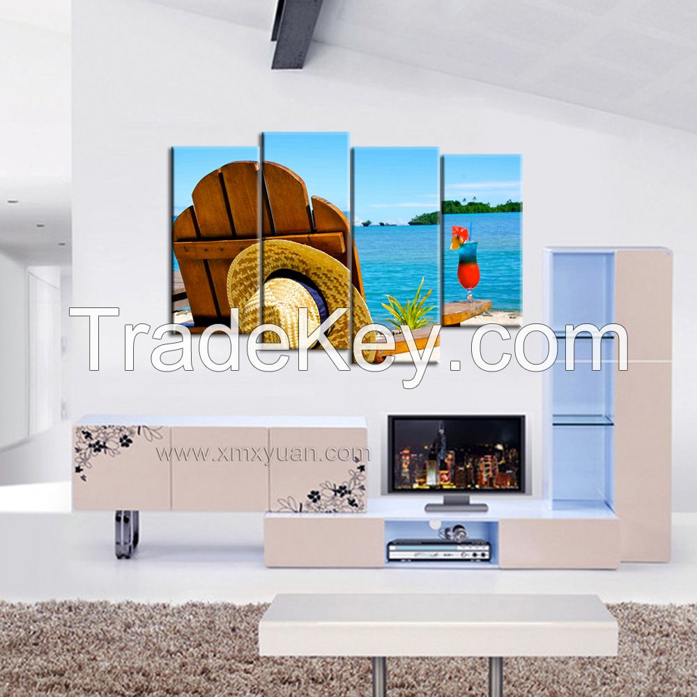 Stretched Canvas Art, Leisure Beach Seascape Wall Pictures, Chair with cocktail, 4 panels a set , Wall Display Use