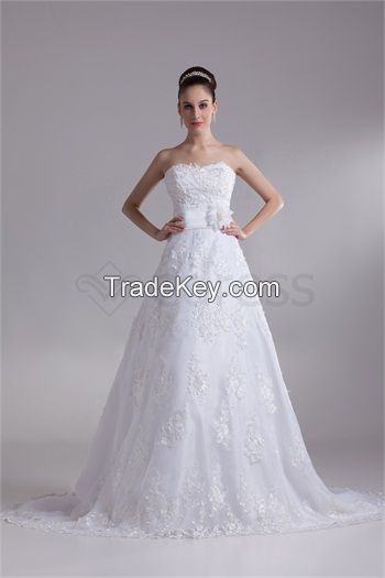 A-Line Sleeveless Sweetheart Satin Lace Wedding Dresses