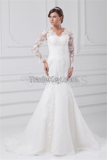 V-neck Long Sleeve Satin Organza Mermaid/Trumpet Wedding Dresses 