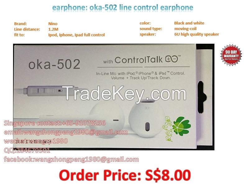 B002 oka-502 headset with controltalk/high quality/90days warranty/iphone handset/phone remote control earphone