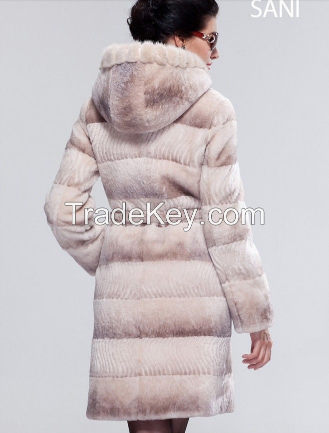 2015 Women Luxury Mink Hair Trim Hooded Elegant Long 100% Guaranteed Genuine Leather Sheepskin Wool Clothing Outerwear Fur Coats