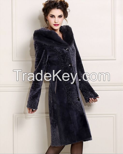 2015 Women Luxury Mink Hair Trim Hooded Elegant Long 100% Guaranteed Genuine Leather Sheepskin Wool Clothing Outerwear Fur Coats