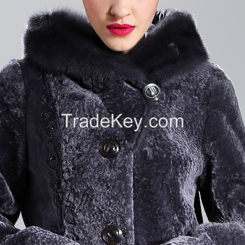 2015 Women Luxury Mink Hair Trim Hooded Elegant Long 100% Guaranteed Genuine Leather Sheepskin Wool Clothing Outerwear Fur Coats