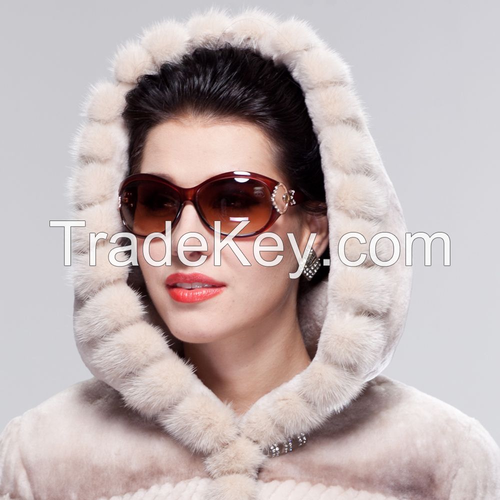 2015 Women Luxury Mink Hair Trim Hooded Elegant Long 100% Guaranteed Genuine Leather Sheepskin Wool Clothing Outerwear Fur Coats