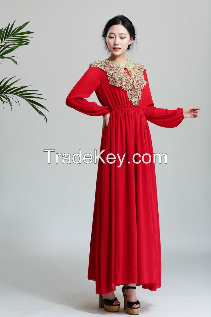 2015 unique pleated fabric long-sleeve golden flower long design one-p