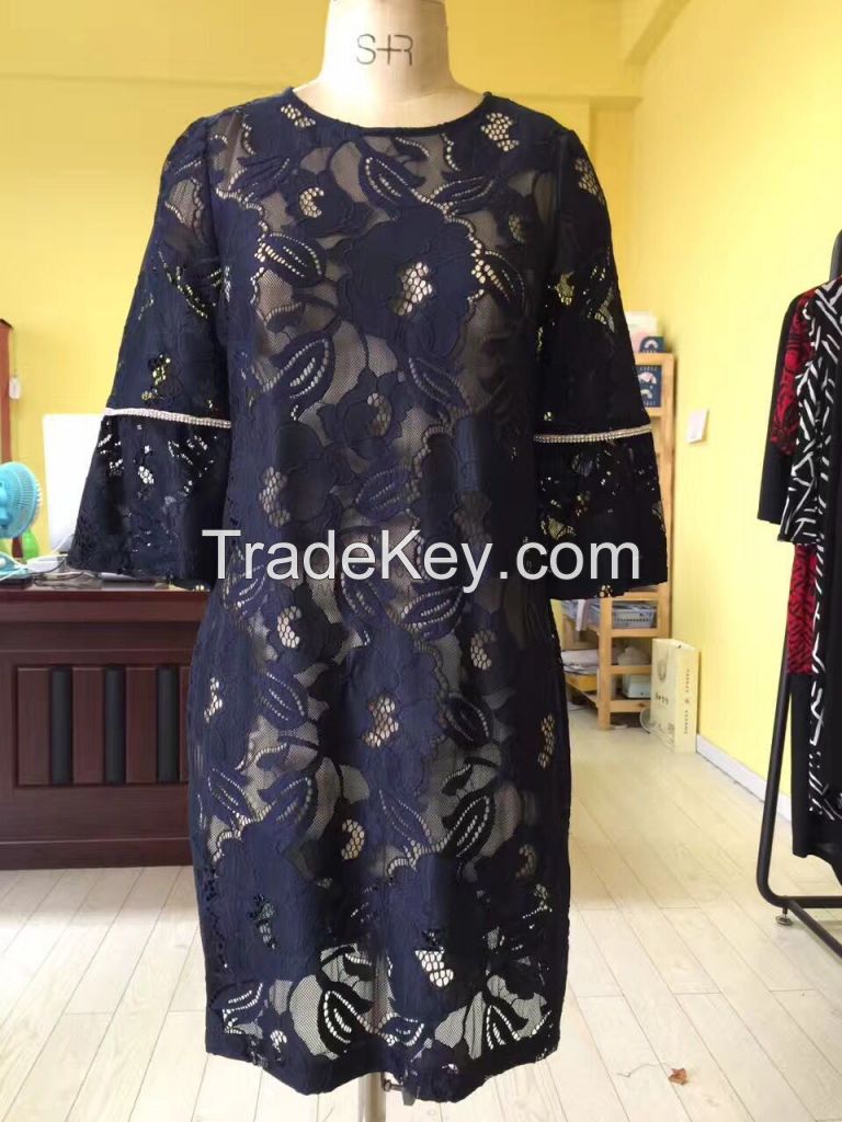 Dark Blue Flower Decoration Hollow Dress