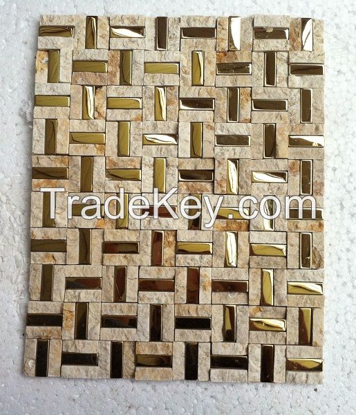 Golden stainless steel mix stone mosaic tile for sale 