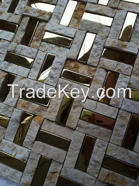 Golden stainless steel mix stone mosaic tile for sale 