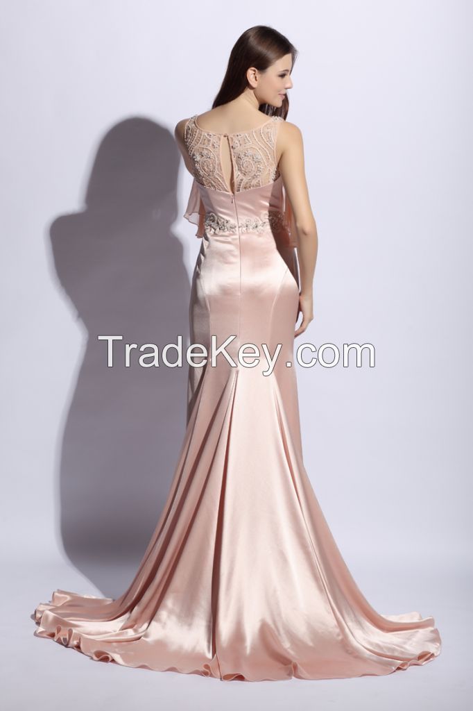 Bateau neck beaded applique mermaid long evening dress