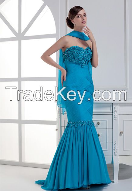 Full flower sweetheart sheath pleated silk long evening dress