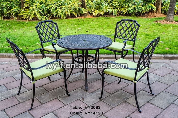 coffee shop outdoor furniture metal cast aluminum 4-seating dining table and chairs set space-saving table with umbrella hole