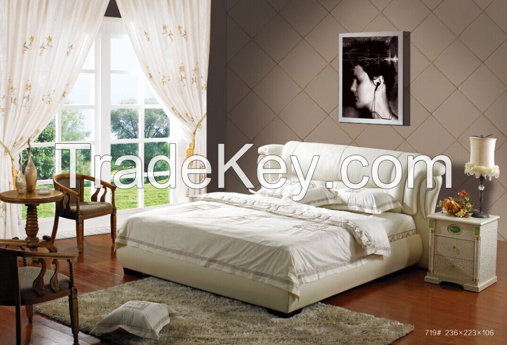 Romantic King Size Wood Bed, Leather Double Bed