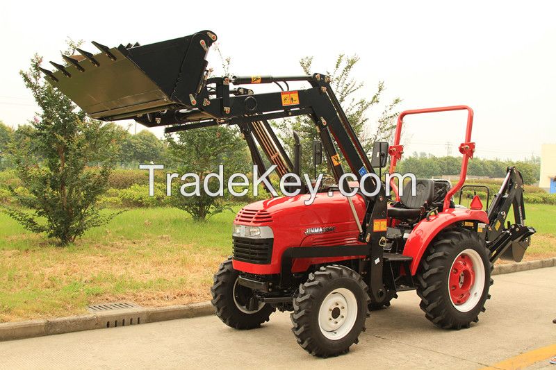 Small compact Jinma 244E tractor with front end loader and backhoe