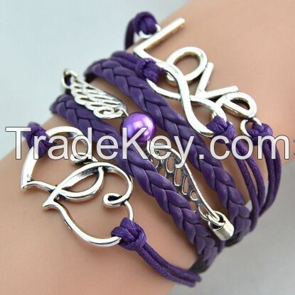 Bracelets,leather bracelet,angel wings,telesthesia,heart bracelet,love bracelet,infinity bracelet,charm bracelet,braided bracelet,hipsters jewelry,friendship gift