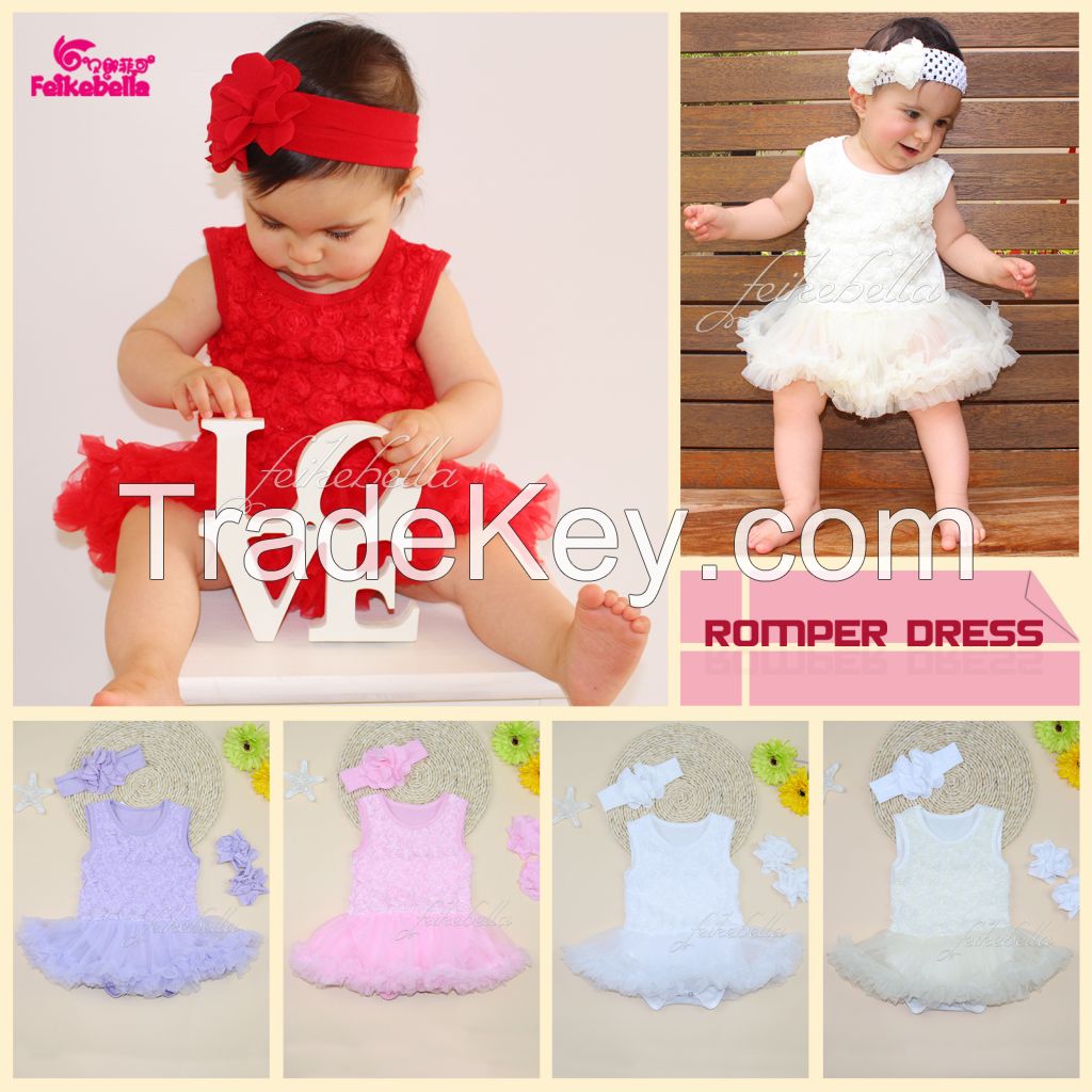 Wholesales retail new baby girls dress sleeveless rosette ruffle romper vestidos with sandal and headband set