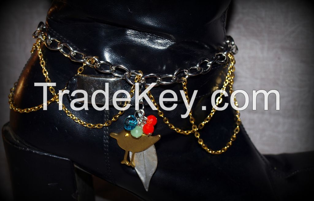 To Walk with Nature Whimsical Bohemian Gold and Silver Chain Boot Charm or Choker with Gold Bird and Silver Leaf and Multi Colored Glass