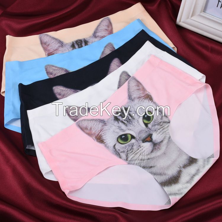 Laser cut seamless bonded lovely cat 3D Print Women Underwear Panty