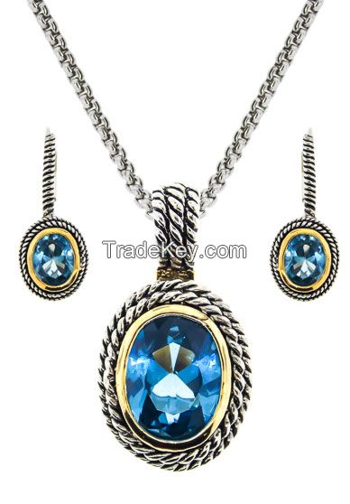 Double Cable 2 pcs Set Earring &amp; Necklace Blue Topaz