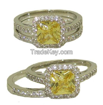 Wedding Engagement Ring in Rhodium with Yellow Diamond