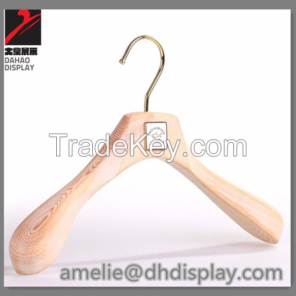 Luxury wooden hanger with metal logo garment retail display hanger