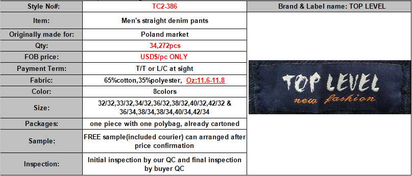 TOP LEVEL brand stocklot on sales, 34, 272pcs Men's straight denim pants TC2-386