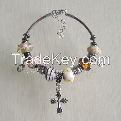 Pandora style beads with metal charms bangle bracelet