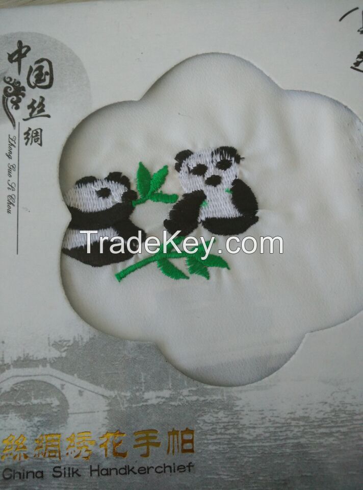 Silk Handkerchief With Manual Embroidery Of Panda Pattern