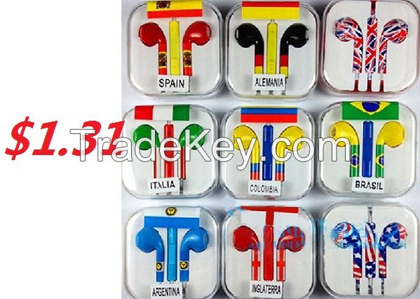 Earbuds with Microphone Stereo Colorful World Cup Earphones with Microphone