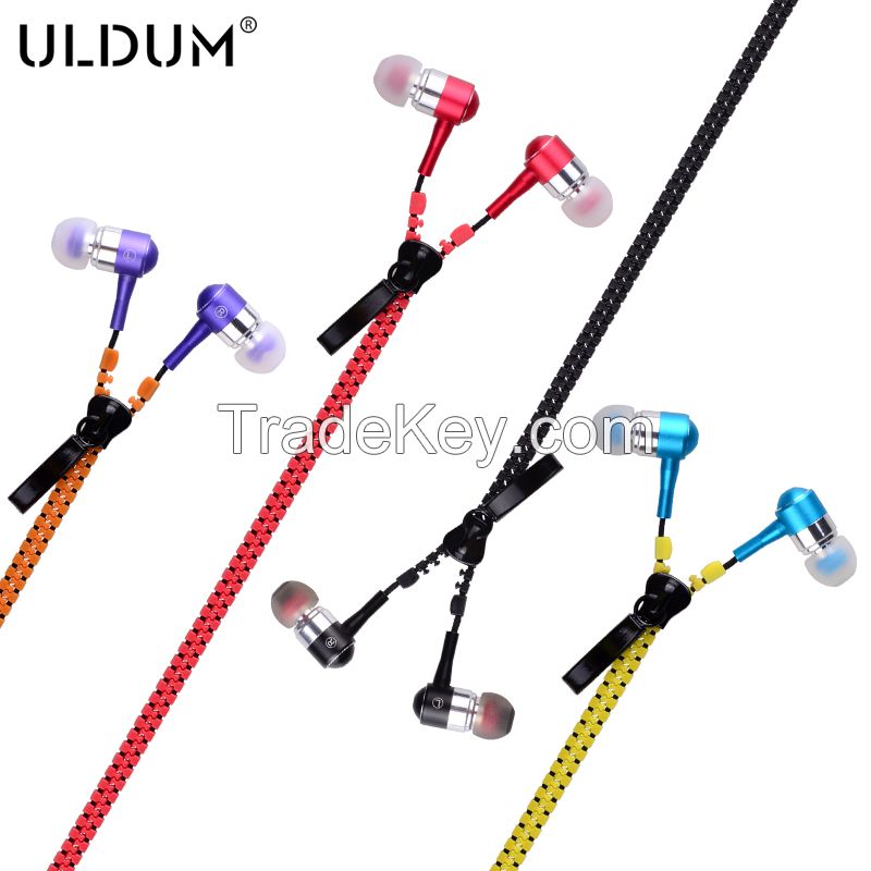 Cheap colorful metal in-ear zipper earphone with mic, headphone for mo