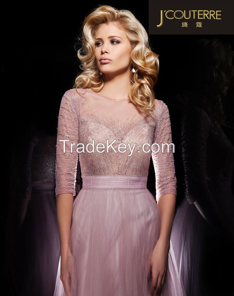 midsleeve sheer line beaded  long chiffon pricess dress