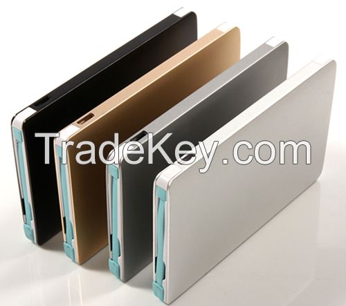 Ultra thin 2500mAh metal case credit card shape emergency charger for phones