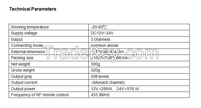 12V -24V DC,8A*3 CH,576W RF LED TOUCH DIMMER design for single color led LIGHT, RF PWM DIMMER, CE,EMC,LVD,RoHS , Warranty