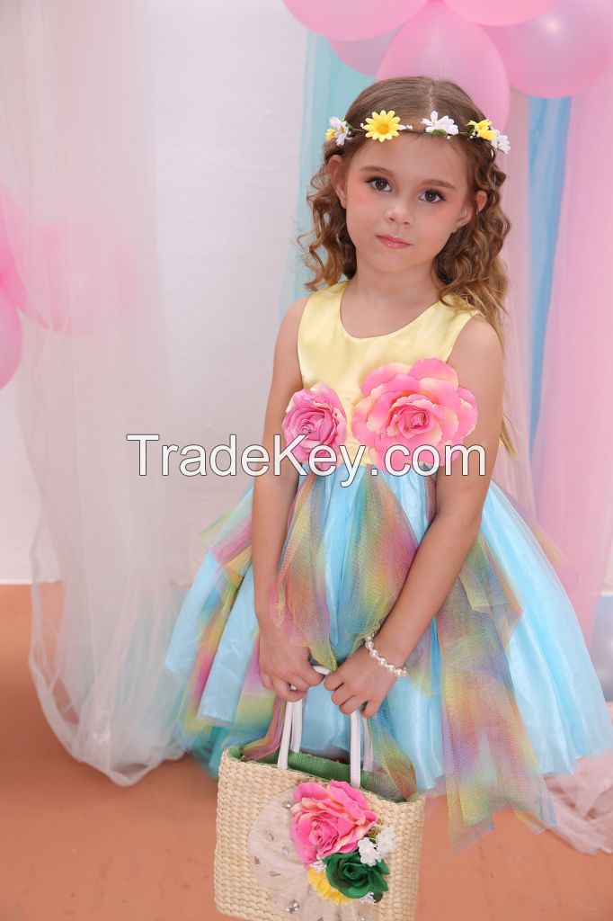 girl puffy dresses for kids, kids clothes girl dress with flowers