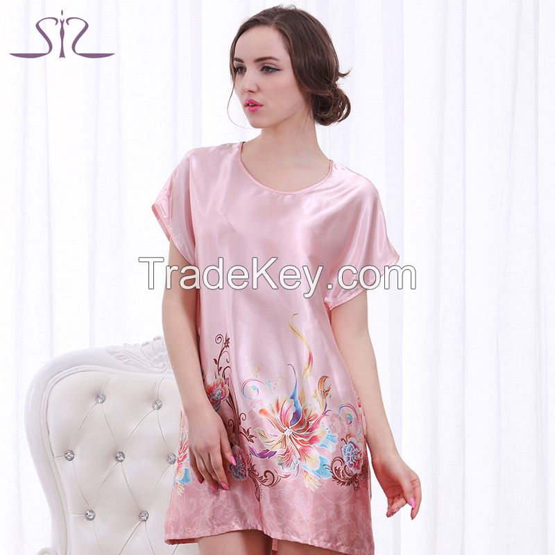 2015 Time Rushed Spring Summer Pink Women Sleepshirt Short Sleeve Floral Print Satin Nightgown For Women