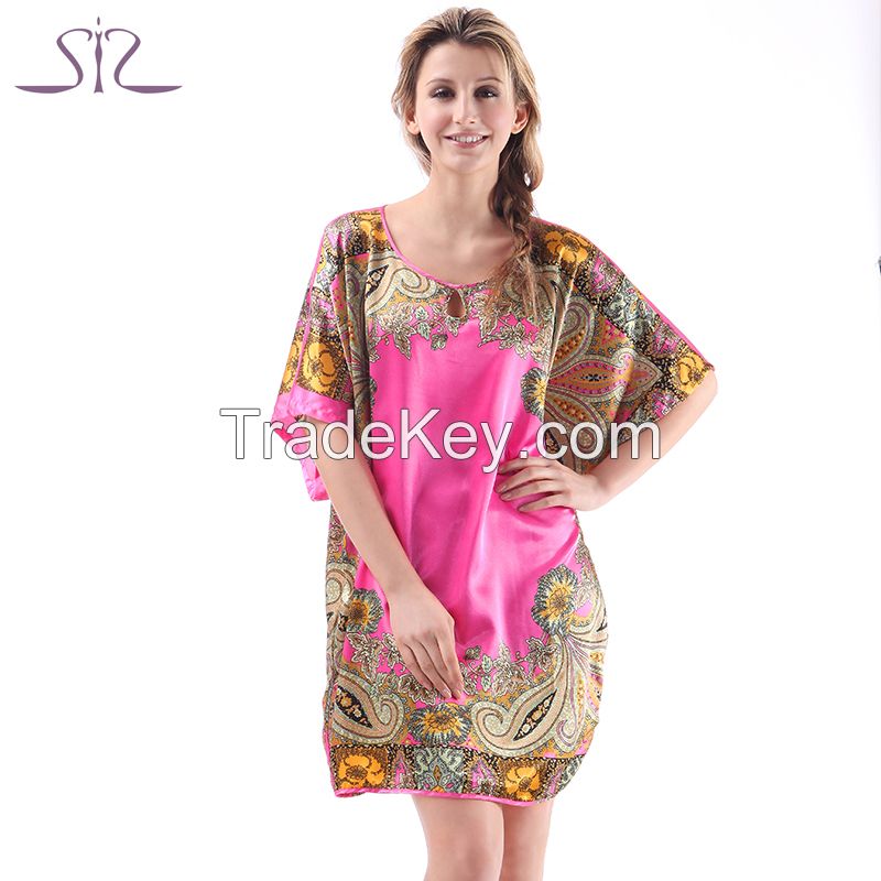 Time-limited Summer Silk Sleepwear For Women New Fashion Heart Shape Print Round Neck Women Nightgown