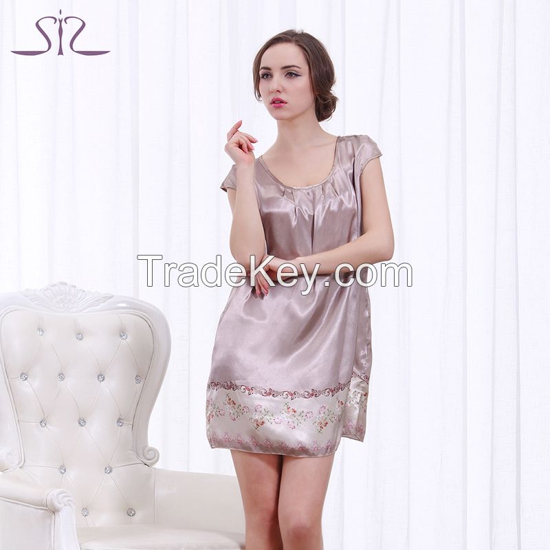 2015 Time Rushed Spring Summer Pink Women Sleepshirt Short Sleeve Floral Print Satin Nightgown For Women