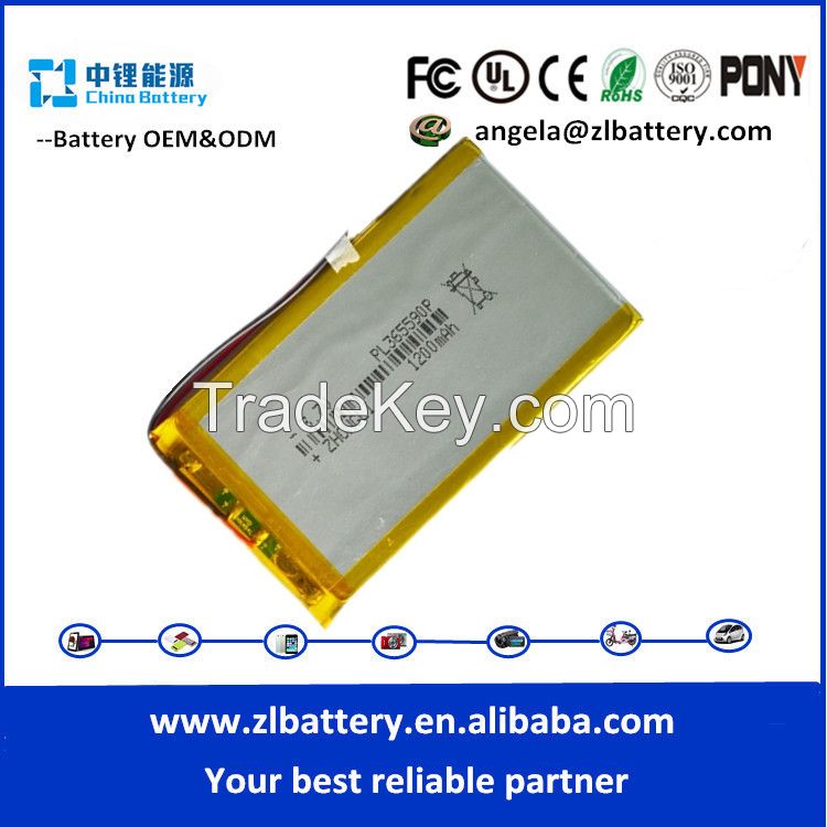 Factory price !!2015 best selling 3.7V 1200mAh 365590 model bluetooth polymer battery