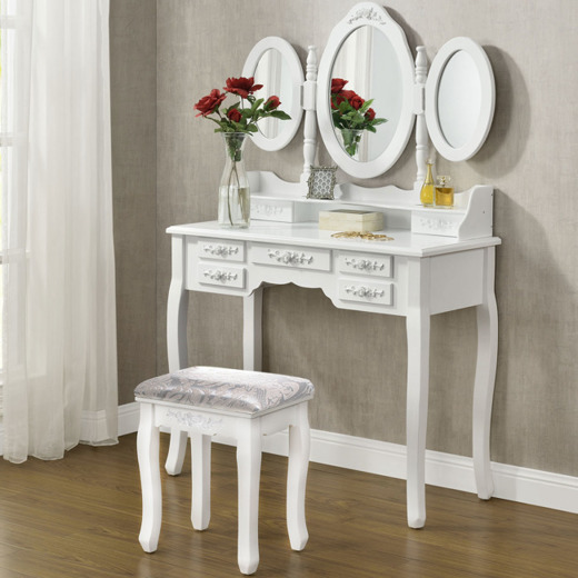 Vanity with Mirror and Stool Set